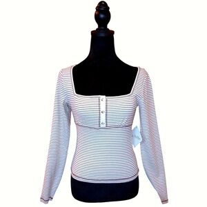 Striped Babydoll Top Square Neck Henley Long Sleeve Tee Casual Ribbed Button - M